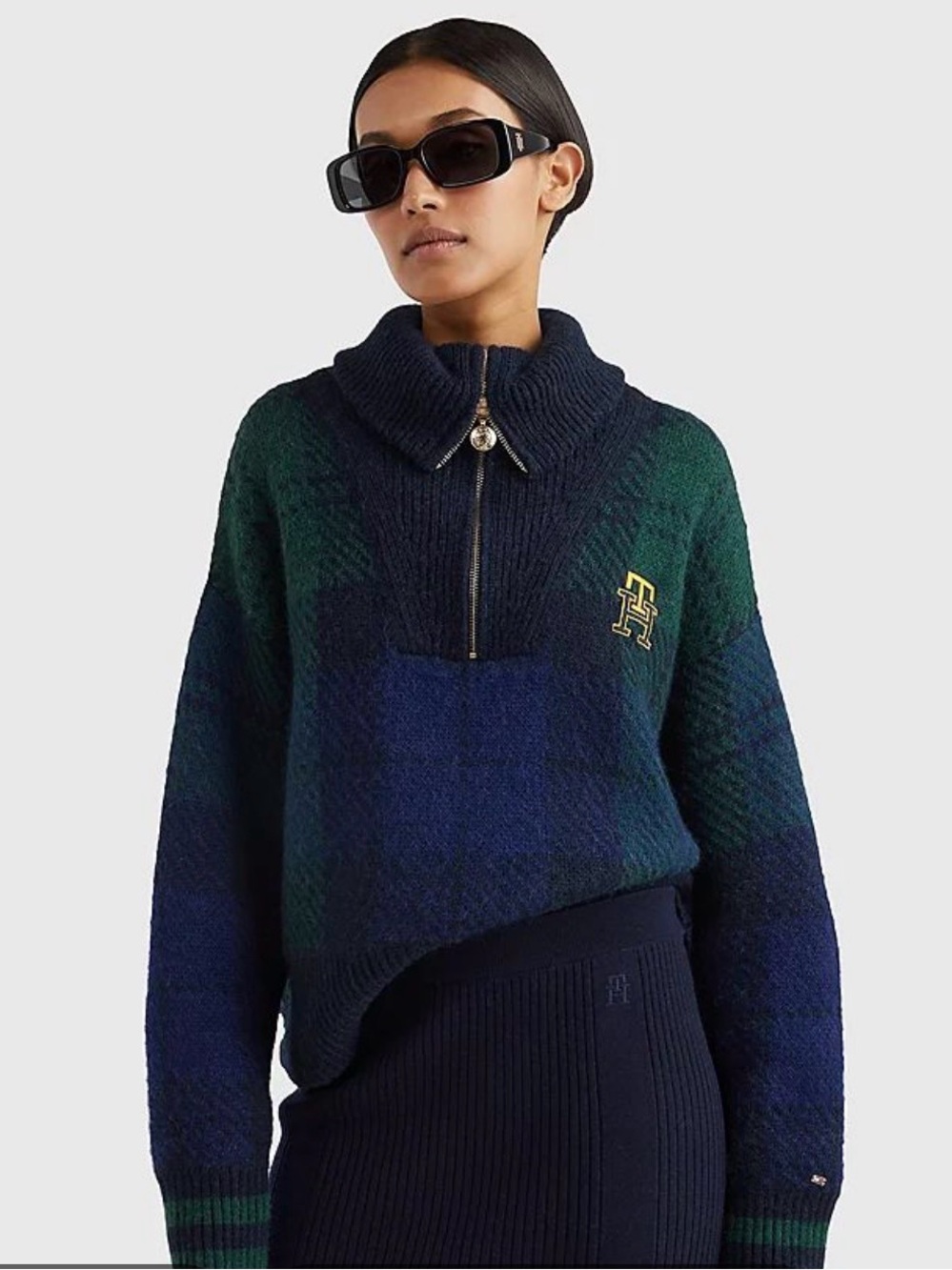 Tommy Hilfiger Navy & Green Zip-Neck Plaid Knit Sweater